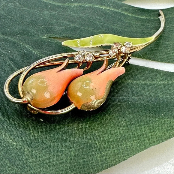 Vintage Flower Brooch Enamel Rhinestone PinTulip Lilly Long Peach Green … - Picture 6 of 11